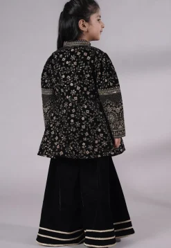 Embroidered Velvet A Line Kurta Set in Black