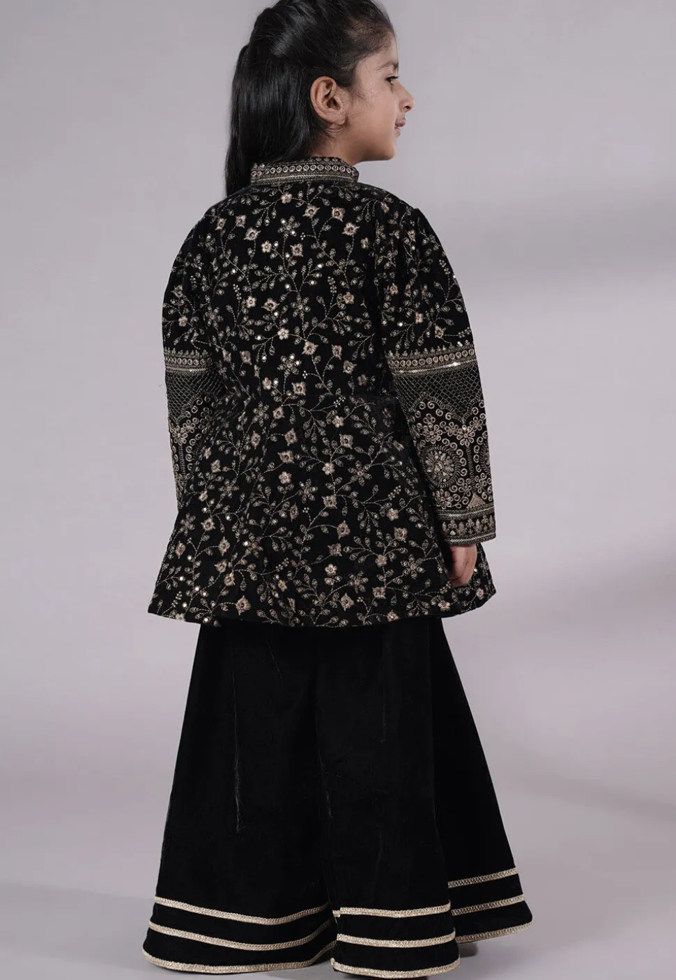 Embroidered Velvet A Line Kurta Set in Black