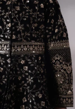 Embroidered Velvet A Line Kurta Set in Black
