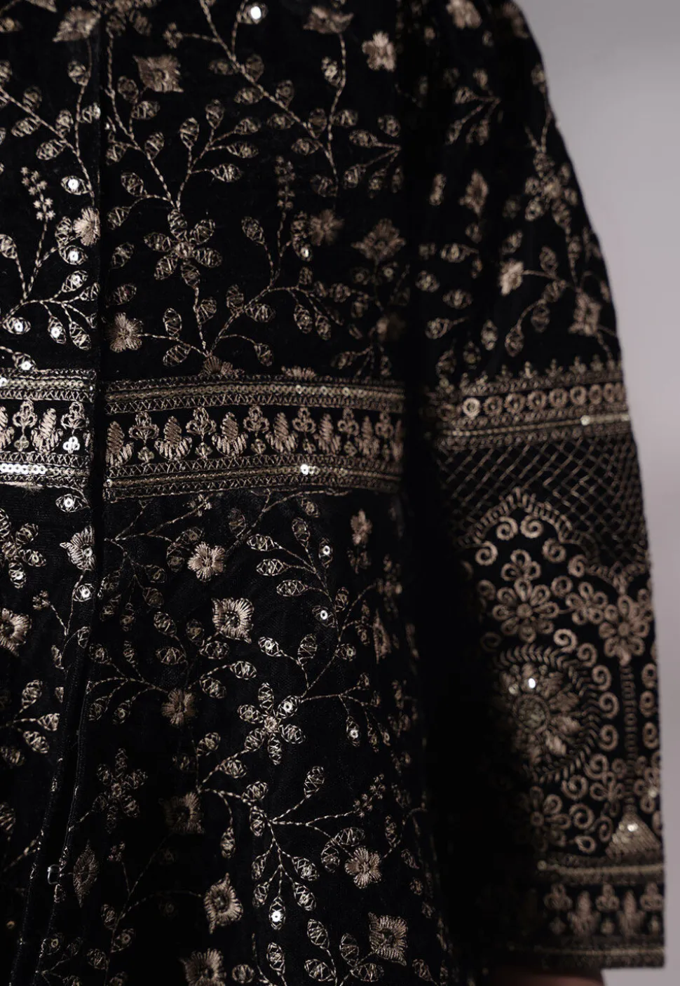 Embroidered Velvet A Line Kurta Set in Black