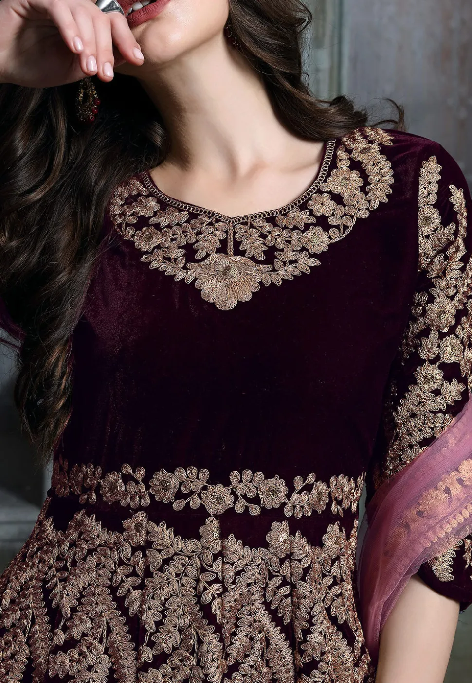 Embroidered Velvet Abaya Style Suit in Wine