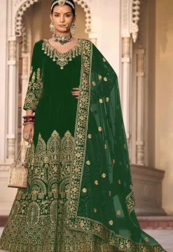 Embroidered Velvet Abaya Style Suit in Green