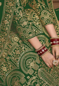 Embroidered Velvet Abaya Style Suit in Green