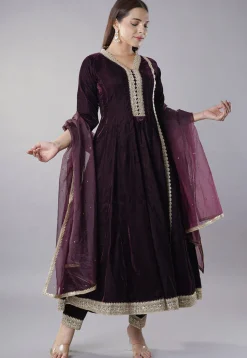 Embroidered Velvet Anarkali Suit in Wine