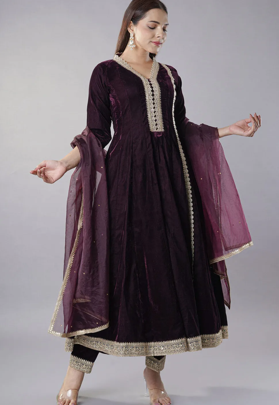 Embroidered Velvet Anarkali Suit in Wine