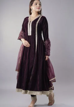 Embroidered Velvet Anarkali Suit in Wine