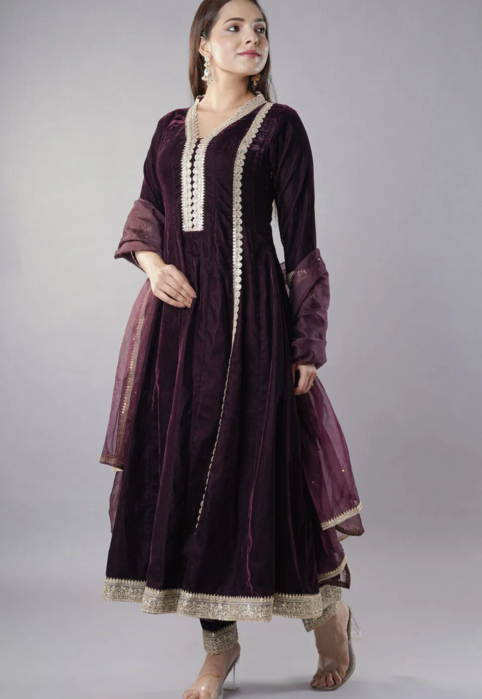 Embroidered Velvet Anarkali Suit in Wine