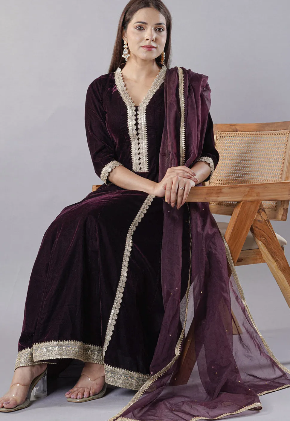 Embroidered Velvet Anarkali Suit in Wine