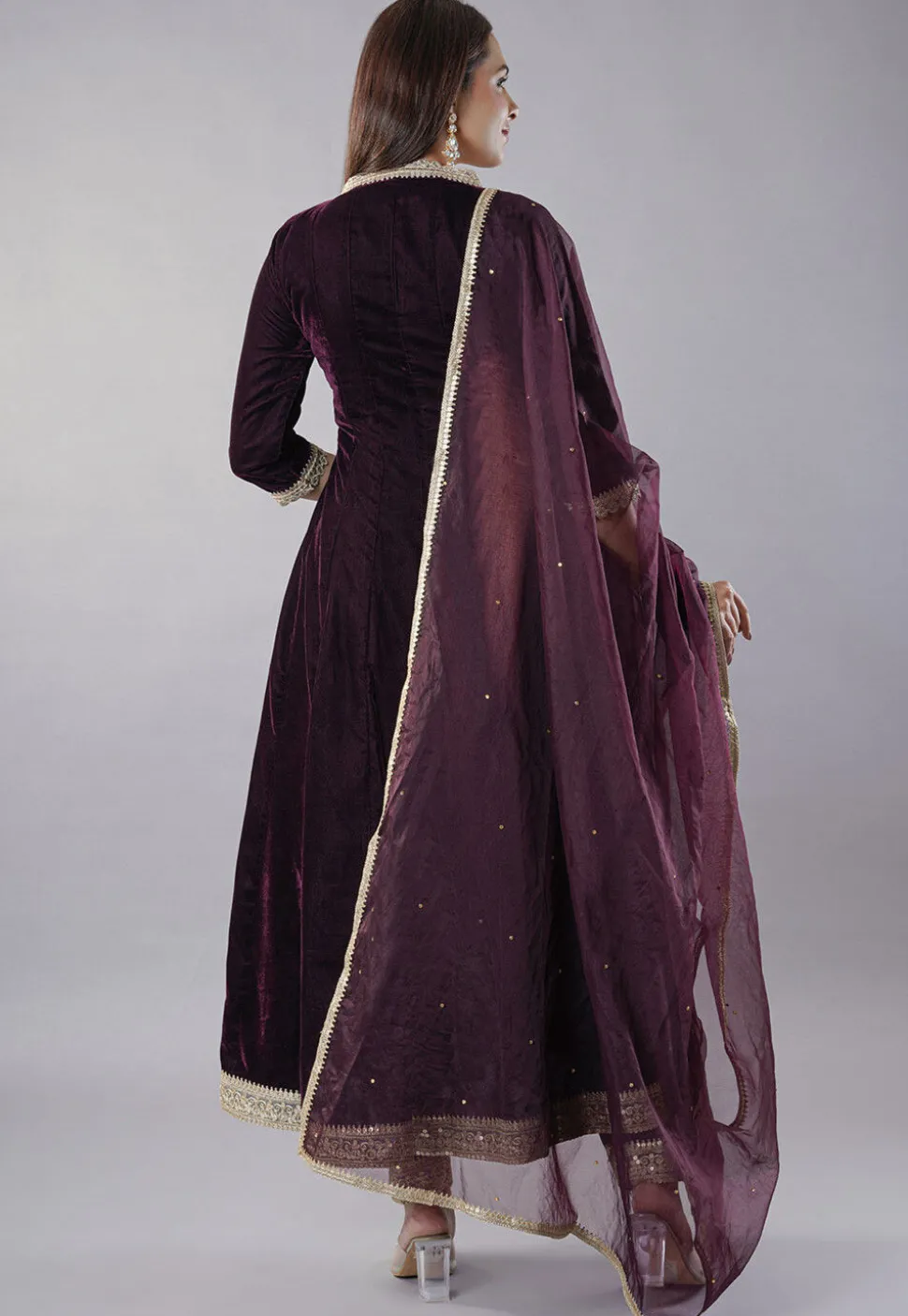 Embroidered Velvet Anarkali Suit in Wine