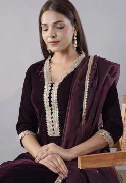 Embroidered Velvet Anarkali Suit in Wine