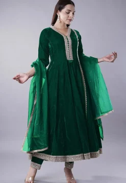 Embroidered Velvet Anarkali Suit in Dark Green