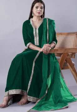 Embroidered Velvet Anarkali Suit in Dark Green