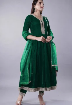 Embroidered Velvet Anarkali Suit in Dark Green
