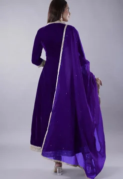 Embroidered Velvet Anarkali Suit in Dark Purple
