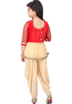 Embroidered Velvet and Net Top with Dhoti Pant in Red