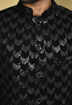Embroidered Velvet Bandhgala Set in Black