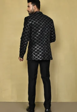 Embroidered Velvet Bandhgala Set in Black