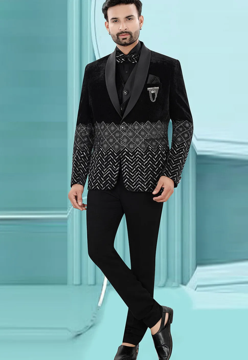 Embroidered Velvet Blazer in Black