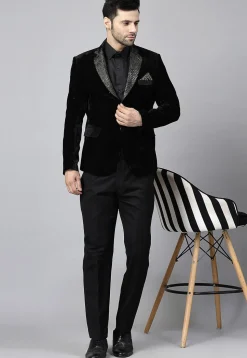 Embroidered Velvet Blazer Set in Black