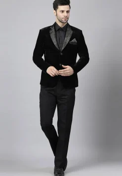 Embroidered Velvet Blazer Set in Black