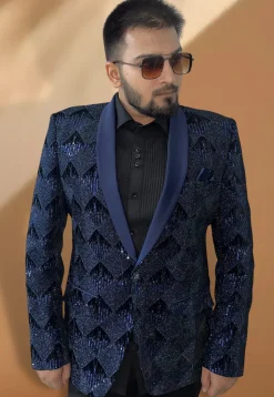 Embroidered Velvet Blazer in Navy Blue