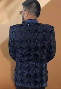 Embroidered Velvet Blazer in Navy Blue
