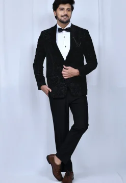 Embroidered Velvet Blazer Set in Black