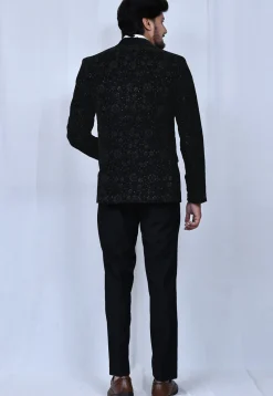Embroidered Velvet Blazer Set in Black