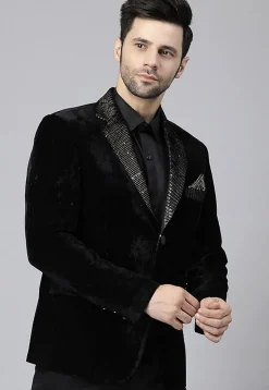Embroidered Velvet Blazer in Black