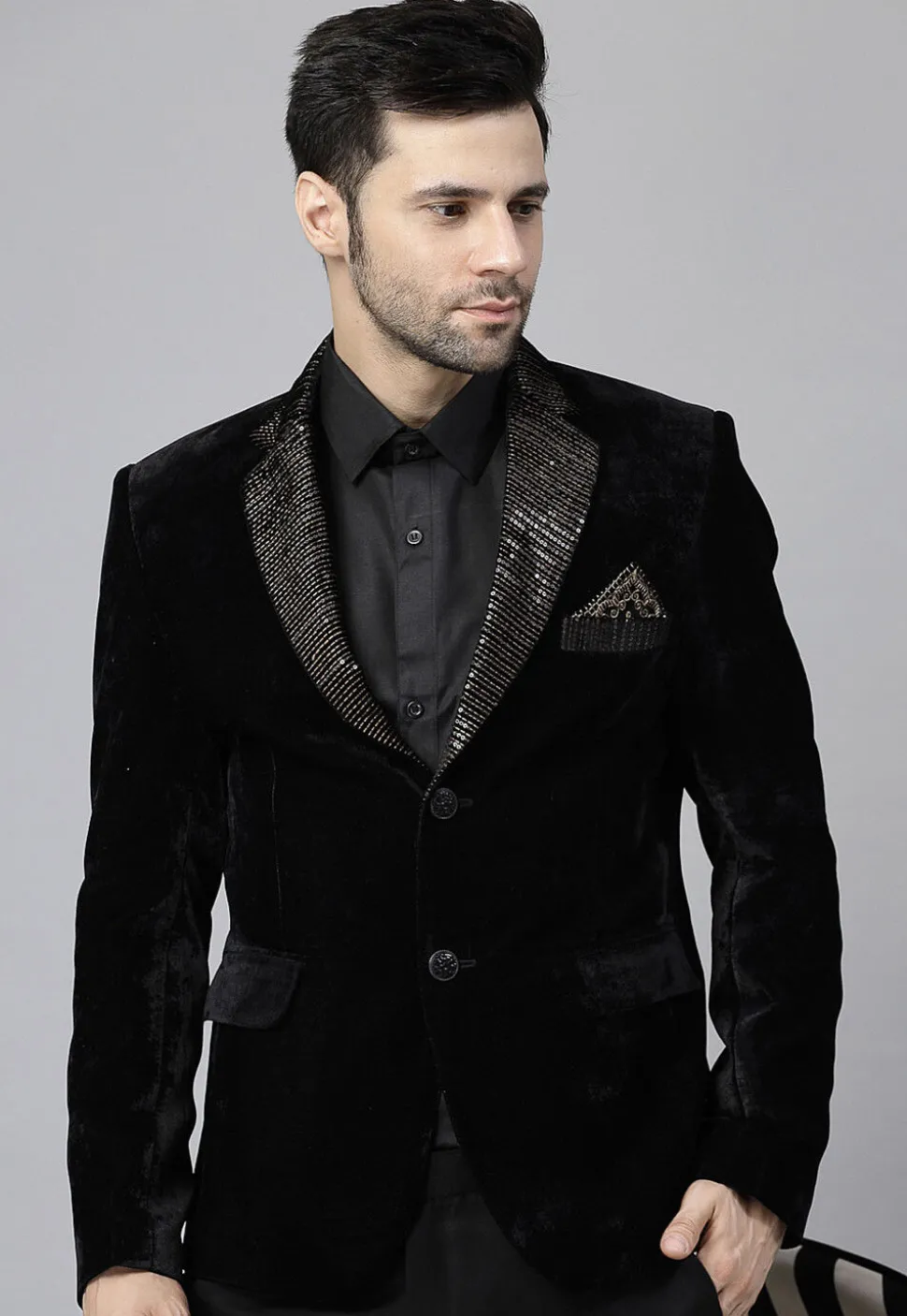 Embroidered Velvet Blazer in Black