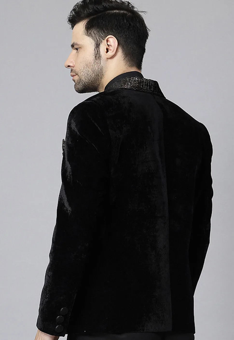 Embroidered Velvet Blazer in Black