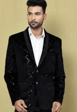 Embroidered Velvet Blazer in Black