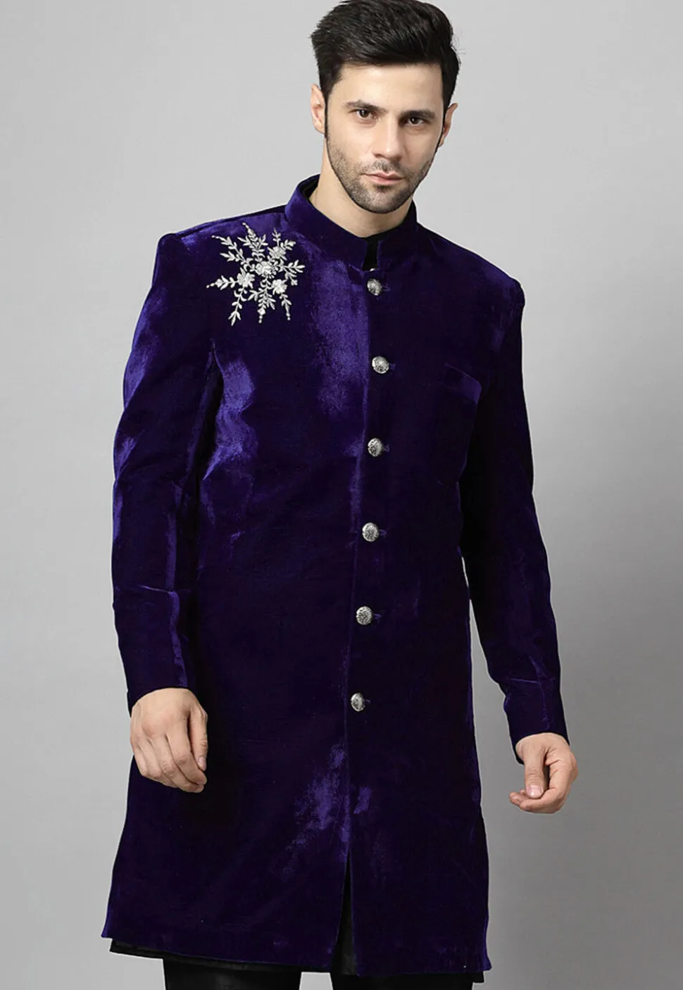 Embroidered Velvet Coat in Dark Purple