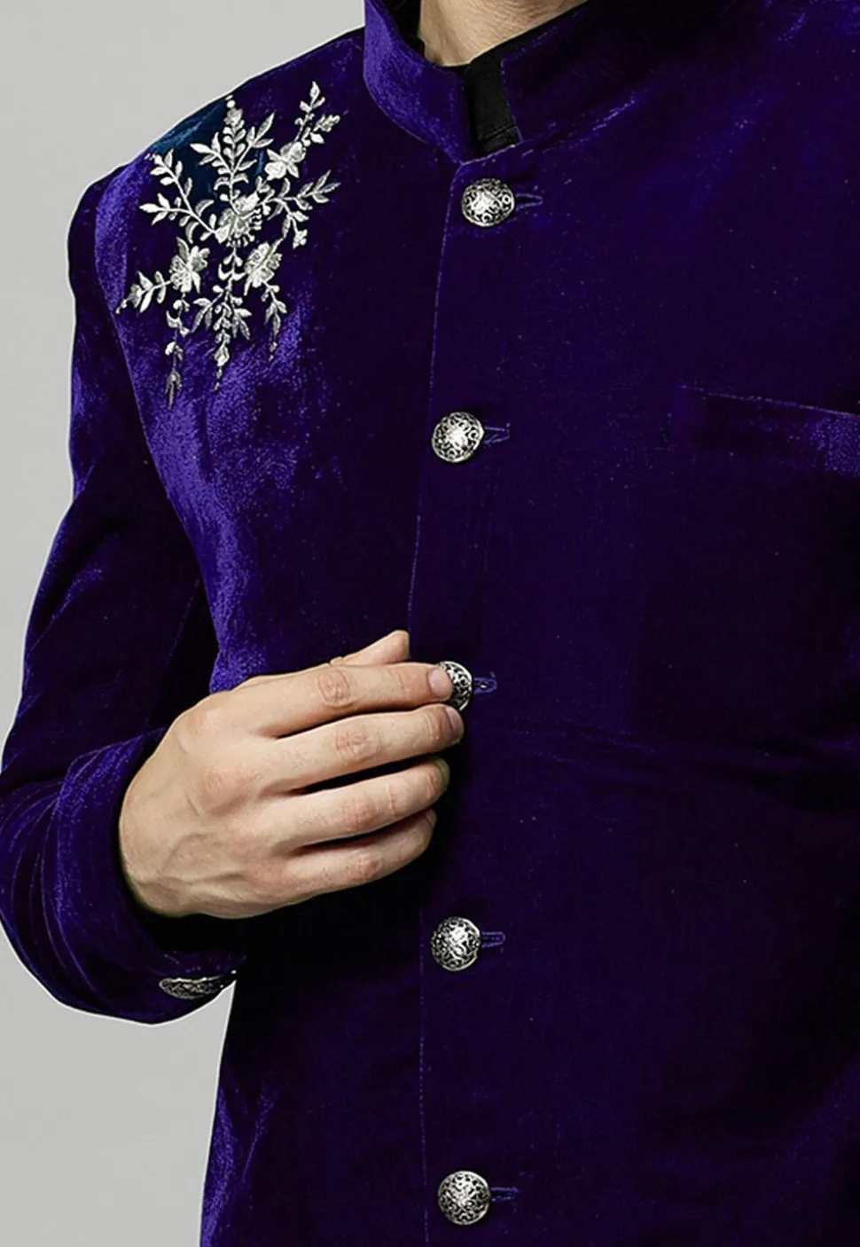 Embroidered Velvet Coat in Dark Purple