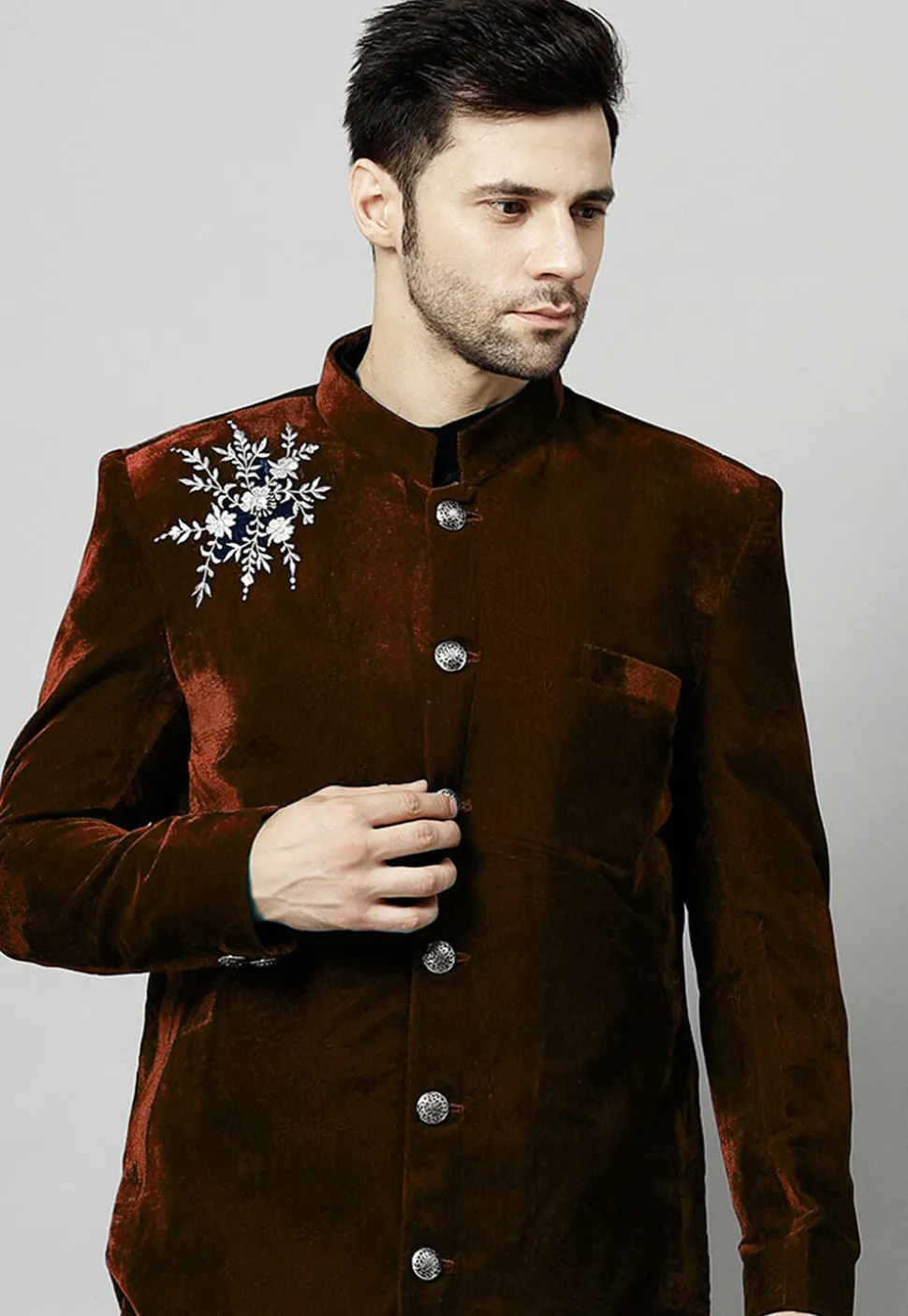 Embroidered Velvet Coat in Brown