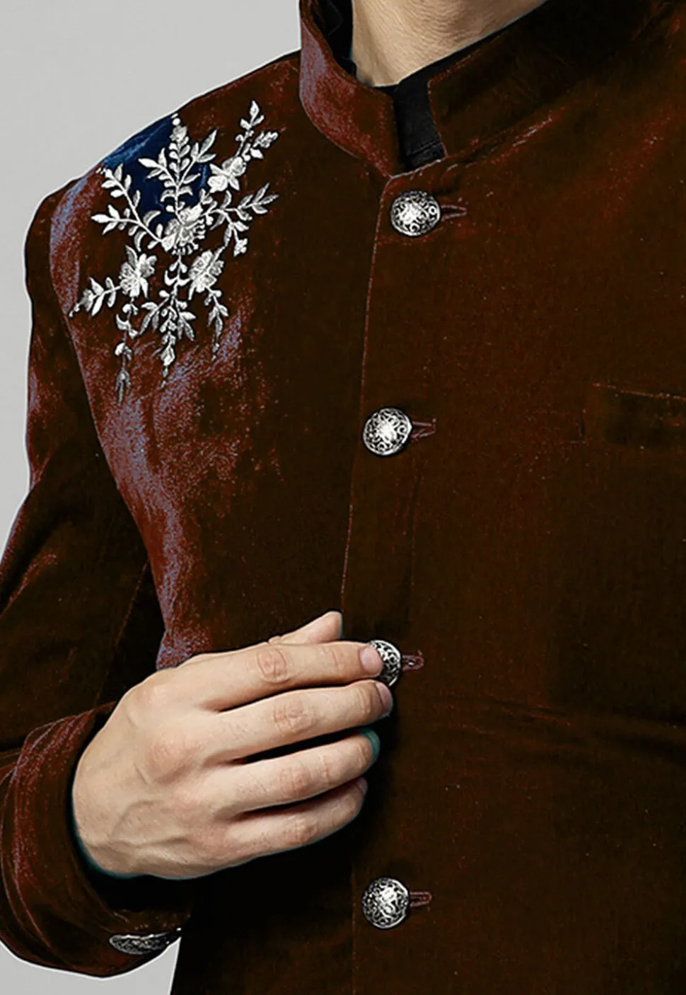 Embroidered Velvet Coat in Brown