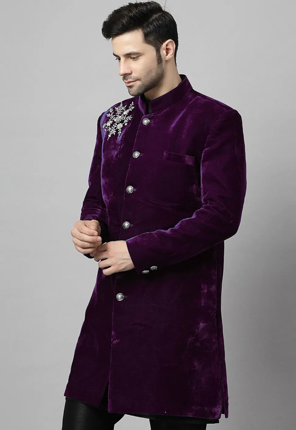 Embroidered Velvet Coat in Wine