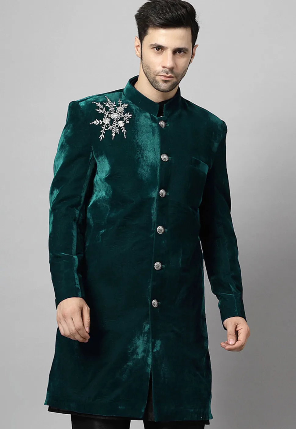 Embroidered Velvet Coat in Teal Green