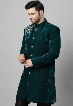 Embroidered Velvet Coat in Teal Green