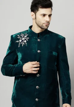 Embroidered Velvet Coat in Teal Green
