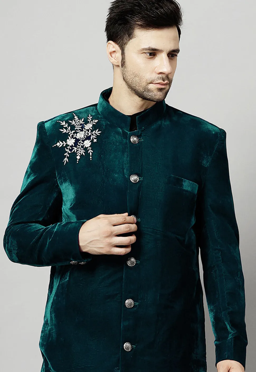 Embroidered Velvet Coat in Teal Green