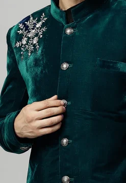 Embroidered Velvet Coat in Teal Green