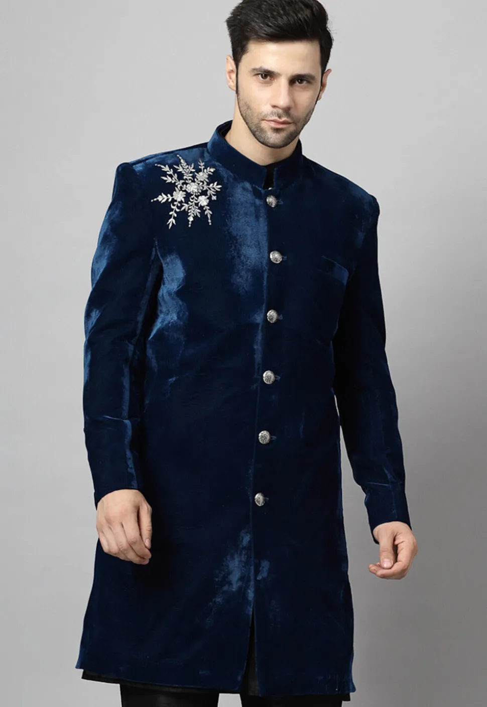 Embroidered Velvet Coat in Teal Blue