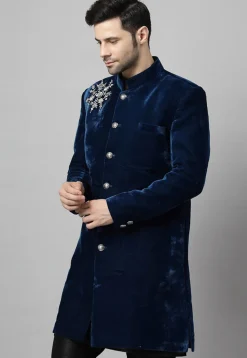 Embroidered Velvet Coat in Teal Blue