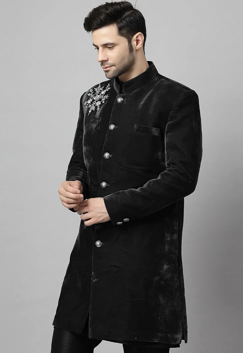 Embroidered Velvet Coat in Black