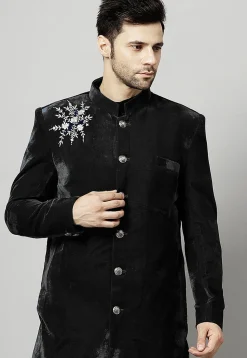 Embroidered Velvet Coat in Black