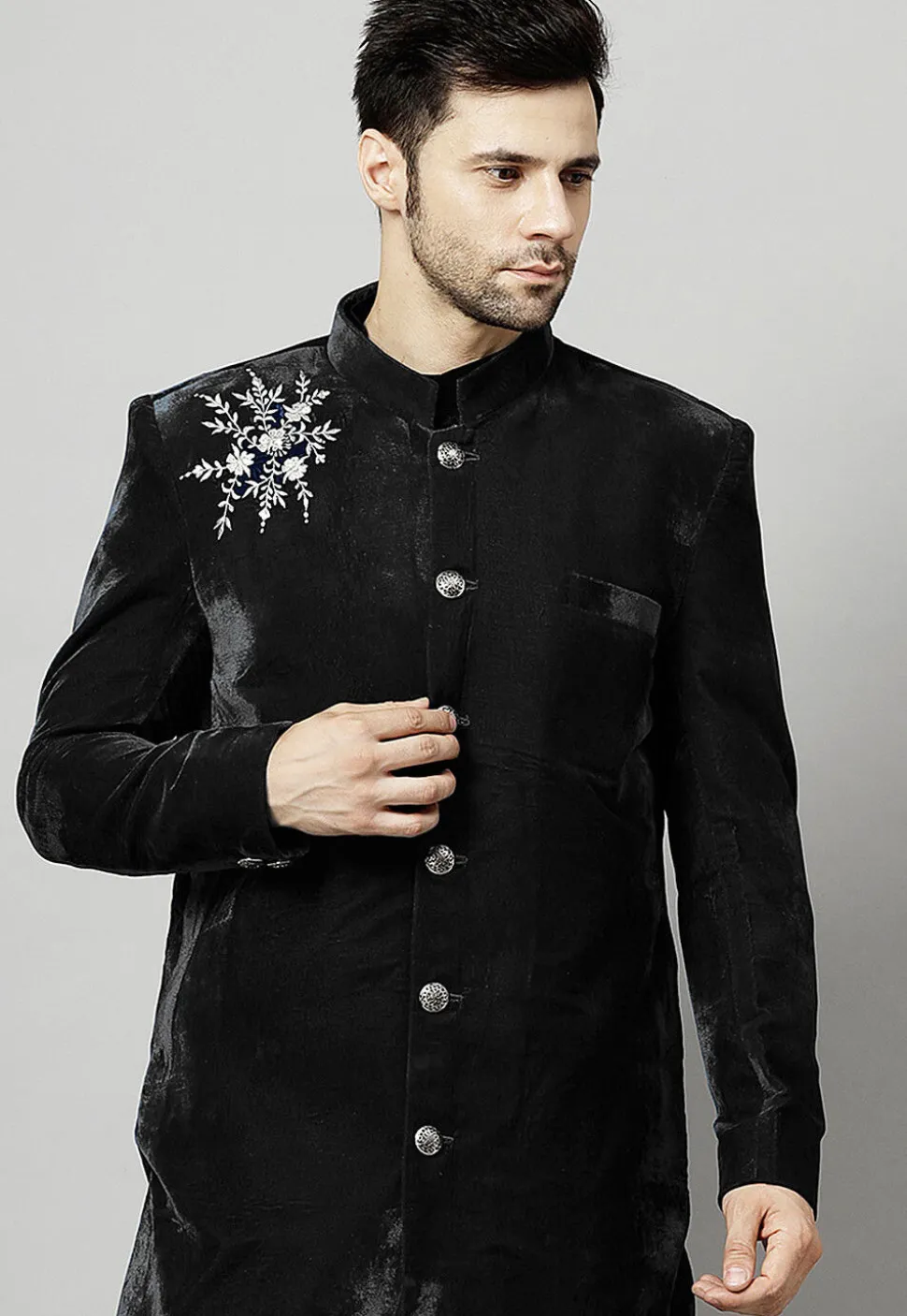Embroidered Velvet Coat in Black