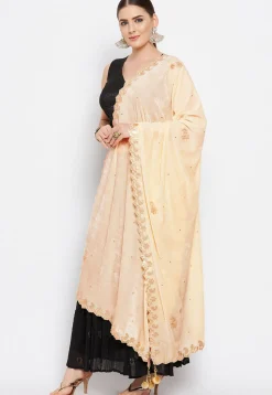 Embroidered Velvet Dupatta in Light Beige