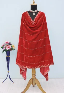 Embroidered Velvet Dupatta in Red