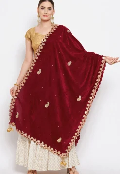 Embroidered Velvet Dupatta in Maroon